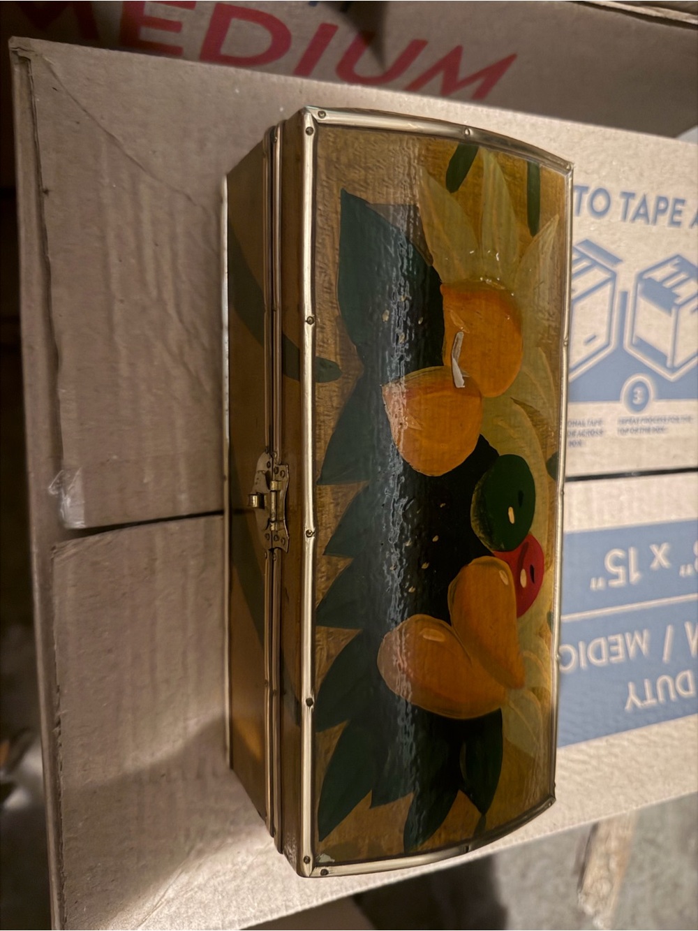 Hand-Painted Floral Tin Box in Gold and Green